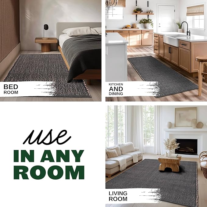 Charcoal Gray 2X4 Jute Rug Braided Construction - Farmhouse Woven Carpet - Mid-Century Modern Floor Covering for Entryway or Kitchen, 2' x 4'