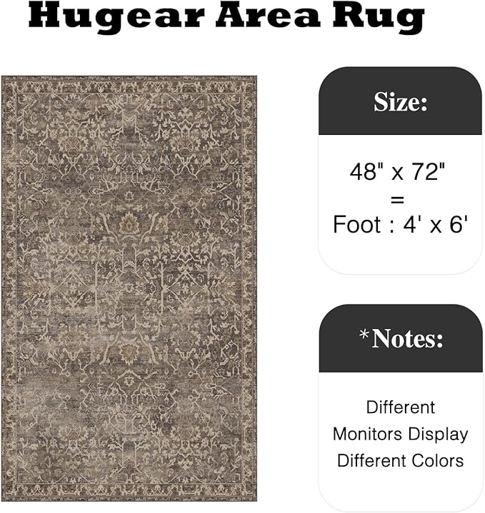 HUGEAR 4x6 Entryway Area Rug Retro Brown Small Rug Machine Washable Door Mat Vintage Floral Low Pile Carpet Vacuumable Distressed Throw Rug Entrance Kitchen Bedroom Bathroom Non Slip Lightweight