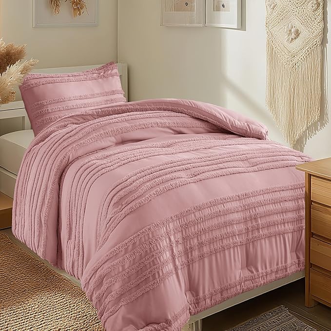 BEDELITE Boho Twin/Twin XL Comforter Set，Dusty Pink Tufted Striped Bed Set 2 Pieces, Soft Vintage Farmhouse Comforter for College, Boho Home Dorm Decor, Fluffy Jacquard Bedding with 1 Pillow Sham