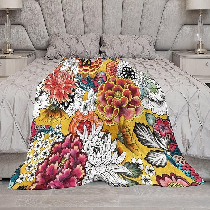 Boho Floral Throw Blanket Bohemian Colorful Flowers Print Mandala Blanket for Sofa Bed Couch Chair Or Dorm 50"x60"