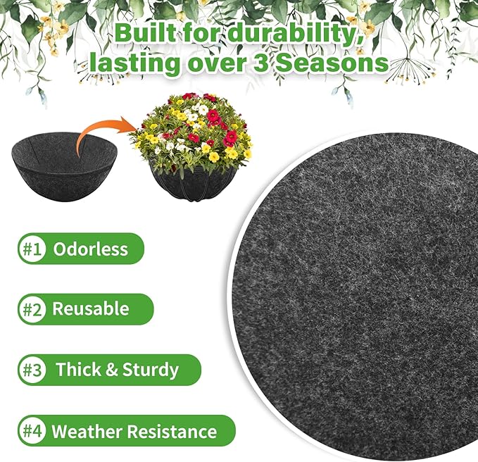 Riare 16x160 Inch Black Felt Planter Liner Roll- 2 Rolls Non-Woven Fabric Planter Liner for Outdoor Plants, Coco Liner Roll Alternative Basket Planter Liner for Planters Hanging Basket Window Box