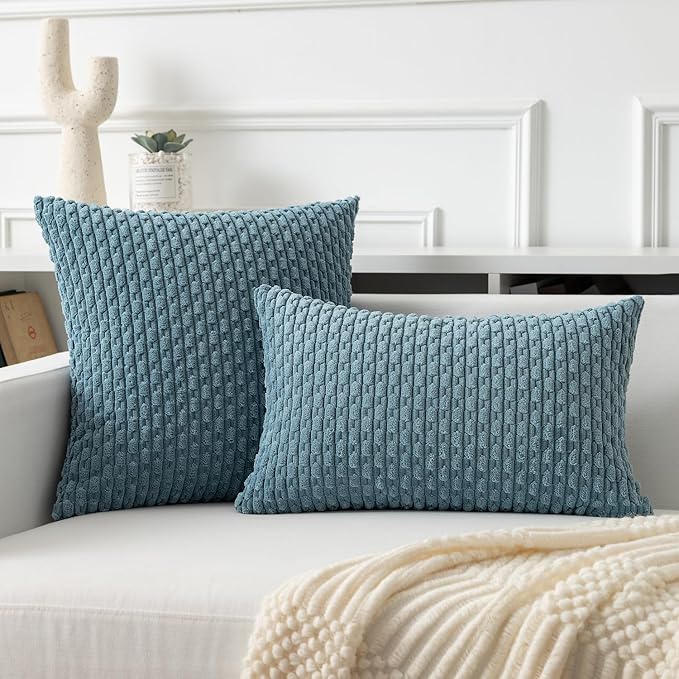 Kevin Textile 12x24 Inch Pillow Cover 1 Pack Boho Decorative Soft Striped Corduroy Lumbar Farmhouse Solid Color Accent Rectangle Cushion Case for Living Room Couch Sofa Bed, Blue Grey