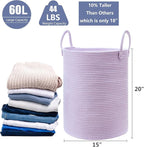 60L Large Purple Hamper Laundry Basket for Nursery Kids Tall Lavender Blanket Basket for Girls Cotton Rope Lilac Clothes Hamper in Bedroom 15Dx20H inches