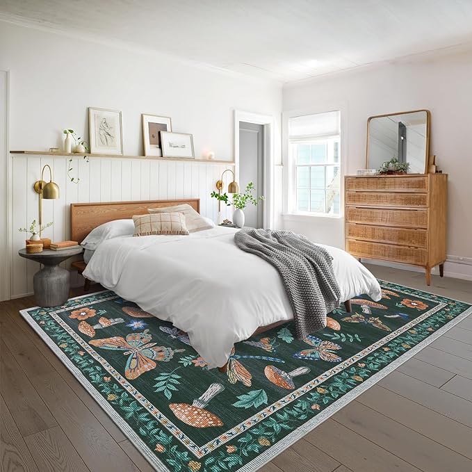 Mushroom 9x12 Rug for Living Room Non Slip Washable 9 x 12 Rug for Bedroom with Rubber Back Soft Low-Pile Stain Resistant Foldable Large Carpet for Office Nursery Dining Room Black