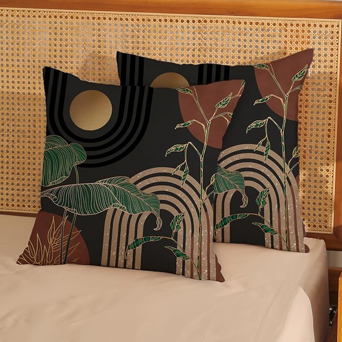 Boho Grey Rust Brown Pillow Covers 18x18 Set of 2 Gold Green Leaf Tropical Mid Century Throw Pillows Outdoor Bohemian Modern Decorative Pillowcase Farmhouse Cushion Case for Couch Sofa Decor