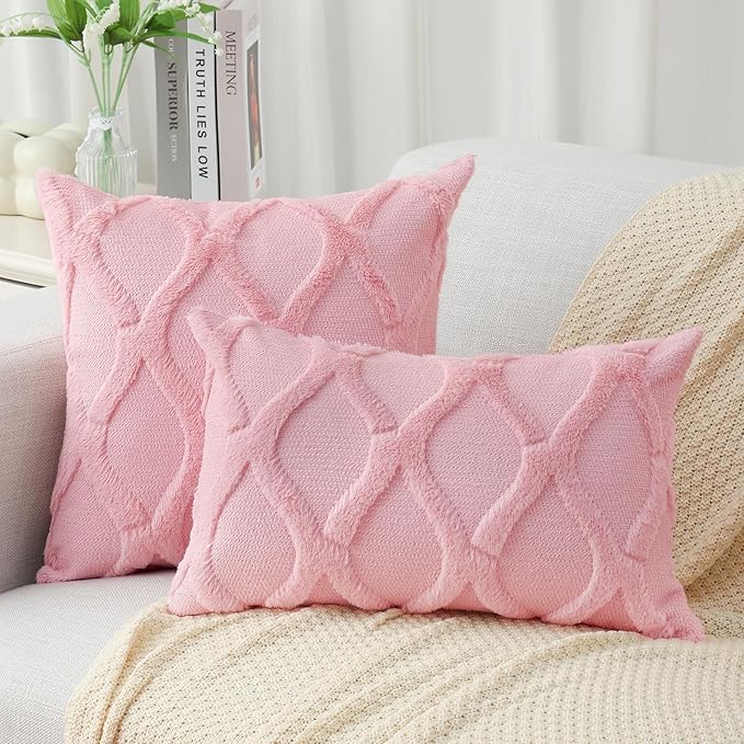 decorUhome Spring Euro Sham Throw Pillow Covers 26x26 Inch Set of 2, Soft Plush Faux Fur Wool Blush Pink Accent Couch Pillow Covers for Modern Farmhouse Bed Sofa Living Room