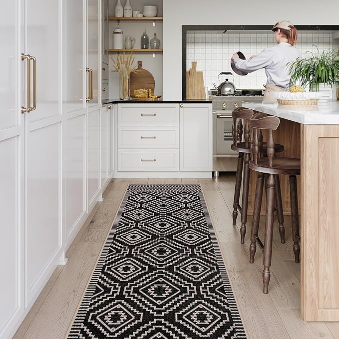 Lahome Bijou Moroccan Easy Jute Runner Rug, 2x8 Washable Hallway Kitchen Runner Black Outdoor Rug with Rubber Backing, Farmhouse Indoor Outdoor Carpet for Hallway 8ft Entryway Porch