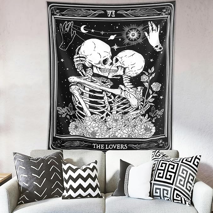 KJHL The Lovers Skull Wall Tapestry Black and White Skeleton Tapestry Gothic Room Decor Witchy Tapestries Aesthetic Wall Hanging for Bedroom Living Room 60" x 44"