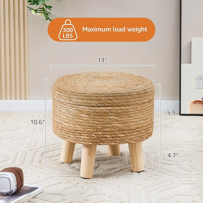 Cpintltr Storage Ottoman Poufs Handwoven Footstool Natural Seagrass Round Footrest Stool with 4 Wood Legs Soft Padded Outdoor Seat for Hallway Lounge Bedroom Garden