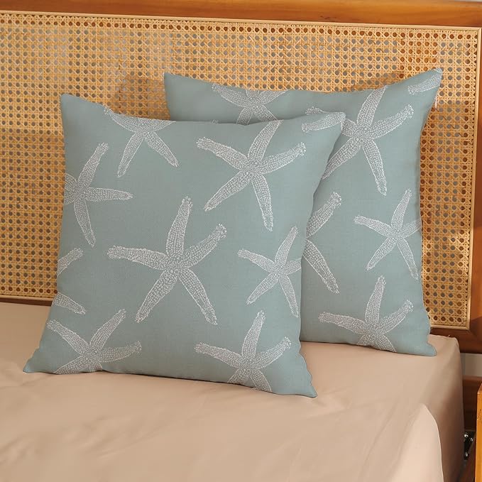 Seafoam Blue Starfish Pillow Covers 18x18 Inch Set of 2 Coastal Throw Pillows Summer Nautical Ocean Beach Theme Decorative Pillowcase Outdoor Farmhouse Decor Cushion Case for Home Bedroom