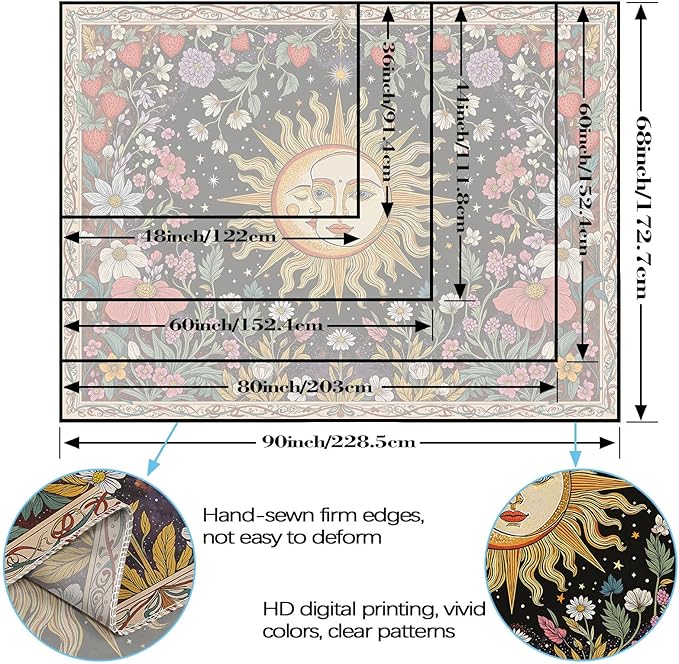 Accnicc Sun and Moon Tapestry Boho Vintage Floral Wall Tapestry for Bedroom Aesthetic Hippie Celestial Botanical Colorful Plant Large Tapestries Wall Hanging for Living Room Dorm 80 x 60 Inch