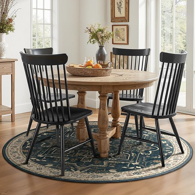 Vintage Round Rugs 6ft, Low Pile Thin Circle Area Rugs for Bedroom Living Room Washable Non Slip, Vintage Medallion Distressed Round Carpet for Kitchen Dining Room, Deep Blue/Multi