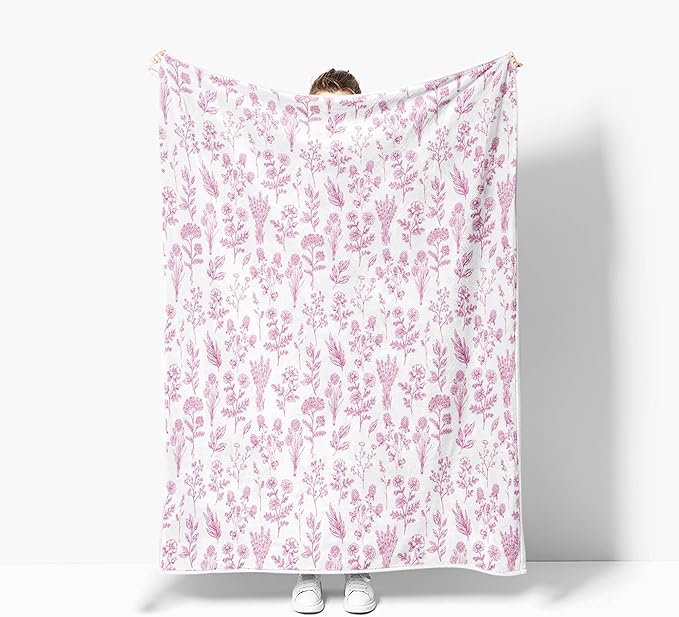 Floral Fuzzy Blanket Pink Floral Throw Blanket, Botanical Flowers Blankets, Soft, Flannel, Warm, Boho Flowers Bed Blankets All Season for Couch Bedroom Living Room 50X70 Inch
