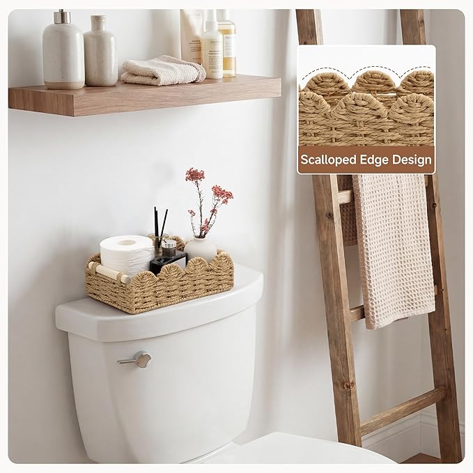 StorageWorks Toilet Paper Storage Basket, Living Room Organizers and Storage, Toilet Paper Basket with Wooden Handles, Small Paper Rope Scalloped Basket, Brown