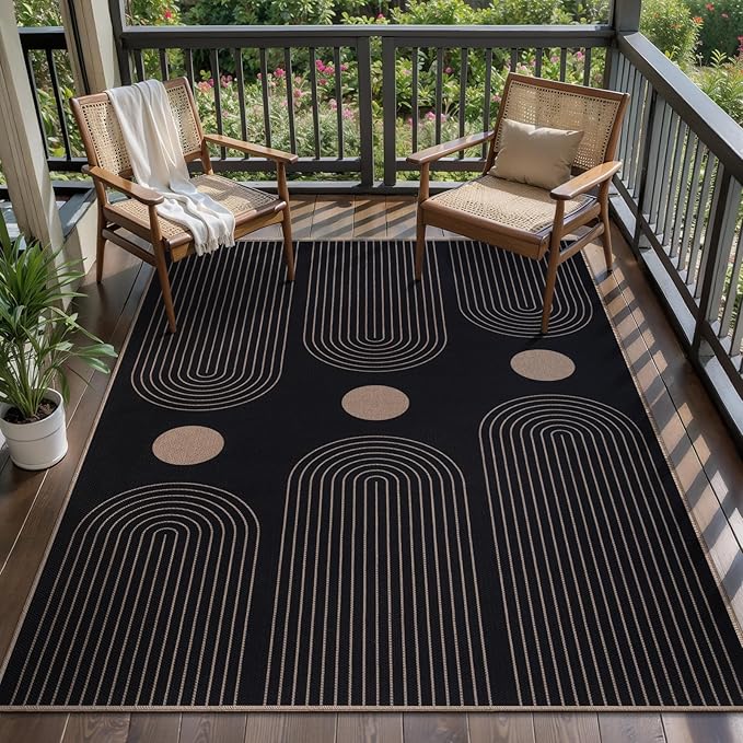 Tangsoo Rainbow Easy Jute 4x6 Washable Area Rug for Outdoor Patio,Black Non-Slip Thin Rug Farmhouse Indoor Floor Carpet,Boho Throw Mat for Front Porch Kitchen Bedroom Foyer Sunroom