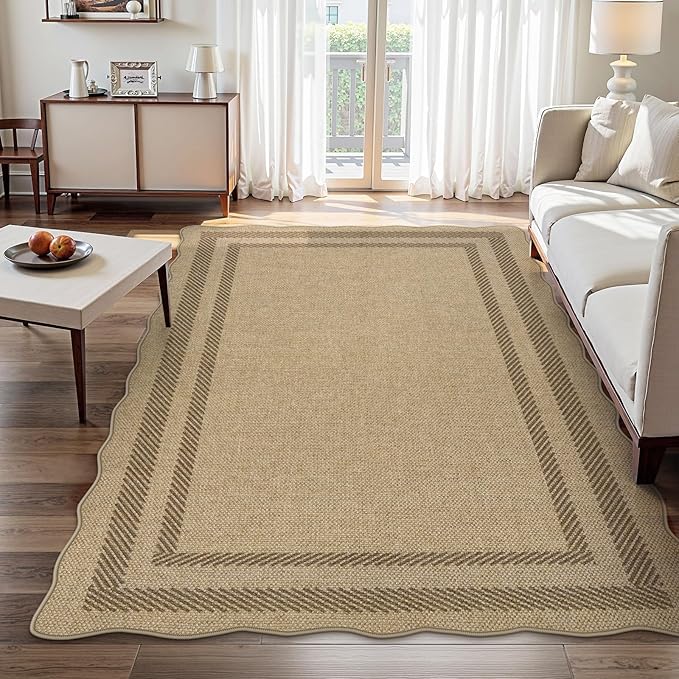 LIVEBOX Scalloped Washable 5x7 Rug, Easy Jute Tan Rugs for Living Room, Indoor Geometric Rug for Bedroom, Outdoor Farmhouse Non-Slip Rug Dining Room Mat Modern Carpet Area Rug for Patio Home Office