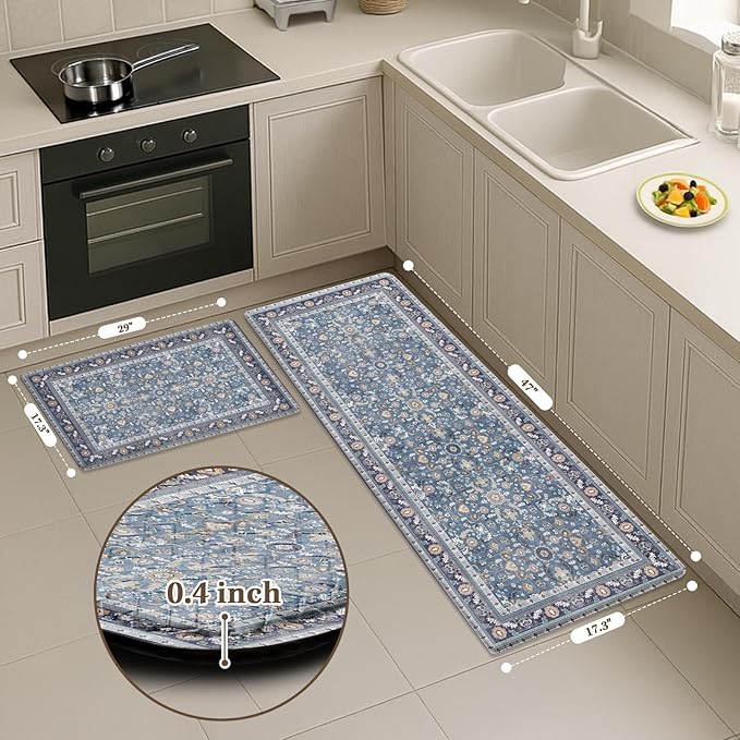 Arttown Kitchen Mats for Floor 2Pcs-Anti Fatigue Non Slip Mats for Kitchen Floor, Cushioned Waterproof & Stain-Resistant Boho Stripe Mat Set, Laundry Room, Office, Sink, Desk (Blue)