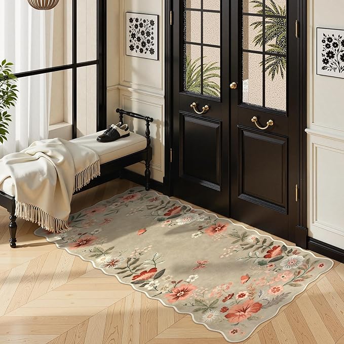 Lahome Floral Entryway Rug, 2x4 Washable Fall Kitchen Rug Ultra-Thin, Soft Non-Slip Door Mat Indoor Entrance Stain Resistant Boho Small Throw Carpet for Bathroom Bedroom Flore, Brown