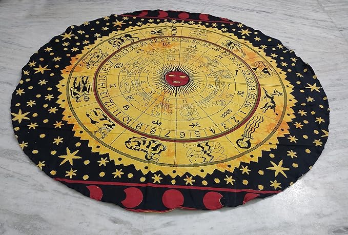 Round Beach Tapestry Turquoise Mandala Throw/Boho Hippie Beach Blanket Roundie/Indian Cotton Bohemian Large Round Table Cloth-Home Decor/Yoga Mat Meditation Picnic Rug (42", Yellow Black)