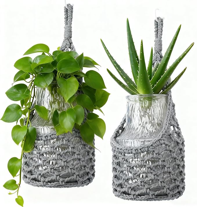 Macrame Wall Plant Hanger, Hanging Planter Basket Holder, Wall Planters for Indoor Plants, for Up to 6 Inch Pot (Grey, 6-Inch)