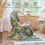 Boho Throw Blanket - 100% Cotton Throw Blankets for Bed Couch, 60"x80" Soft Muslin Lightweight Spring Throw Blanket, Cozy Floral Plant Printed Bohemain Bedding Decor Green Throw Quilt