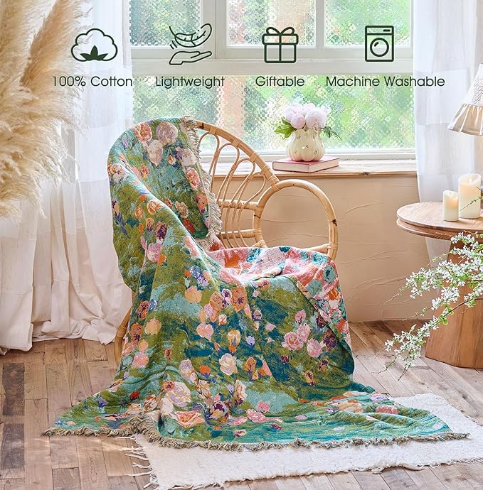 Boho Throw Blanket - 100% Cotton Throw Blankets for Bed Couch, 60"x80" Soft Muslin Lightweight Spring Throw Blanket, Cozy Floral Plant Printed Bohemain Bedding Decor Green Throw Quilt
