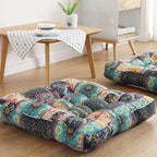 Boho Square Floor Seat Pillows Cushions 22" x 22", Soft Cotton Linen Bohemian Yoga Mandala Meditation Pouf Tatami Floor Pillow Cushion for Living Room Adults & Kids Casual Reading Nooks,Flowers Green