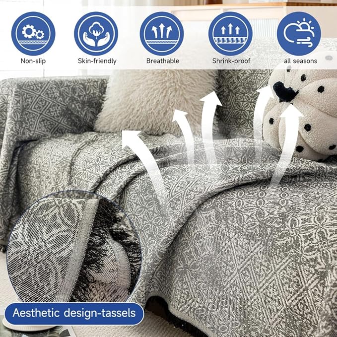 ROOMLIFE Couch Cover Black Boho Sofa Covers for 3 Cushion Couch Washable, Furniture Protector Sofa Couch Cover for Dogs, Soft Breathable Sofa Slipcover, Couch Throw Blankets with Tassels 71''X118''