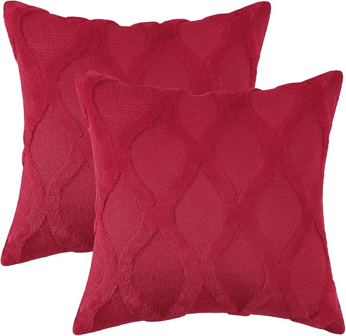 decorUhome Spring Throw Pillow Covers 16x16 Inch Set of 2, Soft Plush Faux Fur Wool Red Accent Couch Pillow Covers for Modern Farmhouse Bed Sofa Living Room