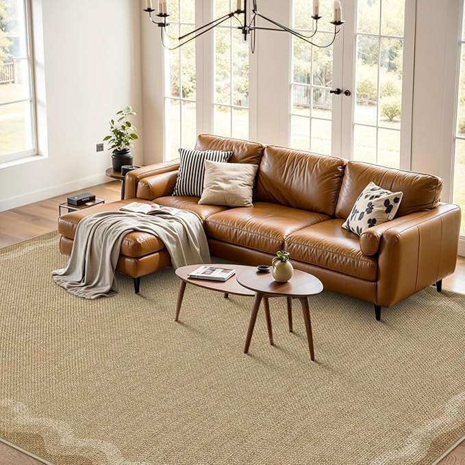 LIVEBOX Scalloped Washable 8x10 Rug, Easy Jute Tan Rug for Living Room, Indoor Outdoor Rugs Bedroom, Geometric Farmhouse Non Slip Dining Room Mat Modern Carpet Area Rug for Patio Home Office Decor