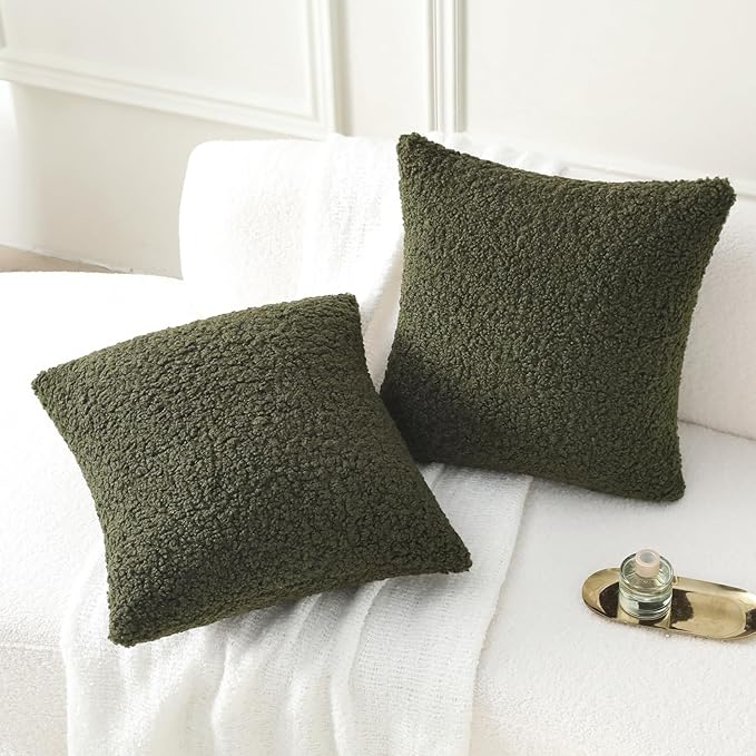 FUTEI Olive Green Throw Pillow Covers 20x20 Inch Set of 2,Furry Faux Fur Teddy Boucle Textured Cushion Covers,Soft Fluffy Decorative Pillow Case,Home Decor for Couch Bed Living Room Office Car