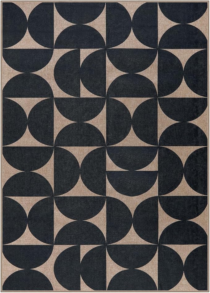 Lahome Modern Geometric Easy Jute 5x7 Rugs, Washable Carpet for Living Room Dining Room, Neutral Black Semi-Circle Rug for Outdoor Patio Office Classroom Backyard