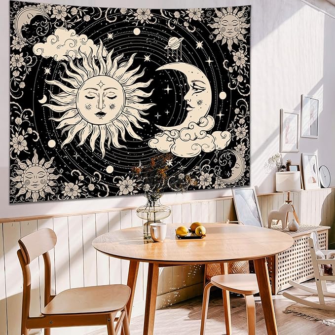 KJHL Black Sun and Moon Tapestry Wall Hanging 44ʺ x 60ʺ Boho Galaxy Celestial Aesthetic Tapestries for Bedroom Living Room Decor