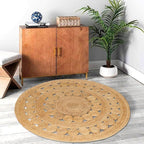 Hand Woven Jute Area Rug - 5' Round - Rustic Beige Reversible Farmhouse Rugs for Bedroom, Kitchen, Living Room - Vintage Natural Braided Entry Floor Décor Circle Boho 5 Foot Round Rug
