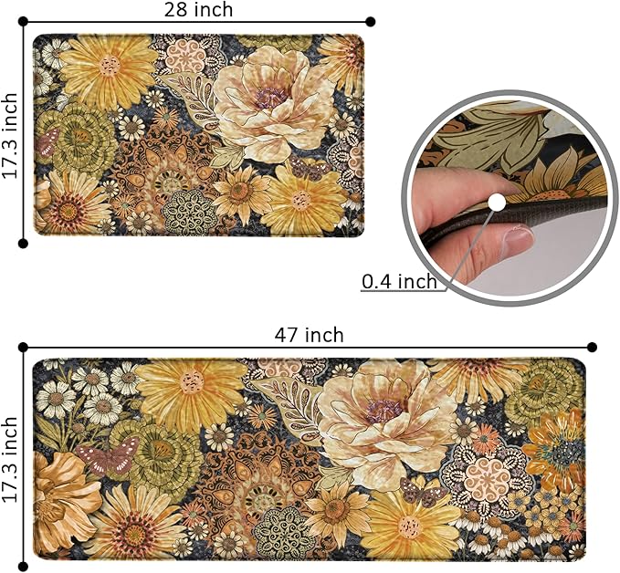 Boho Floral Kitchen Mats for Floor 2PCS Anti Fatigue Mats for Kitchen Floor Cushioned Non Slip Waterproof Memory Foam PVC Kitchen Rugs Set for Sink,Office,Laundry 17.3"x28"+17.3"x47"