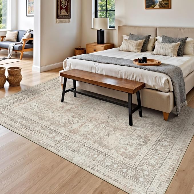 Lessymo 5x7 Area Rugs for Living Room, Machine Washable Non Slip Rug, Soft Low Pile Carpet for Bedroom Dining Home Office, Vintage Beige Distressed Floral Floor Mat