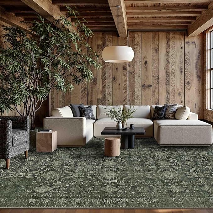 9x12 Area Rugs for Living Room Bedroom, Large Washable Rug, Green Vintage Floral Boho Rug, Non Slip & Low Pile Faux Wool Thin Carpet for Indoor Dining Room and Kids Room(Green 9x12ft)