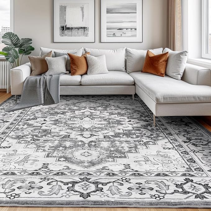 Lessymo 8 x 10 Area Rugs for Living Room- Machine Washable Area Rugs Boho Faux Wool Low Pile Area Rug for Bedroom, Floral Medallion Vintage Rugs with Non-Slip Rubber, Kid & Pet Friendly, Grey White