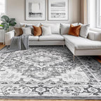 Lessymo 8 x 10 Area Rugs for Living Room- Machine Washable Area Rugs Boho Faux Wool Low Pile Area Rug for Bedroom, Floral Medallion Vintage Rugs with Non-Slip Rubber, Kid & Pet Friendly, Grey White