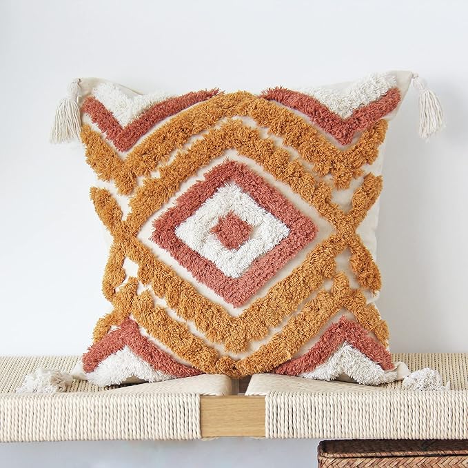 JOJUSIS Boho Throw Pillow Covers with Handmade Tassels Decorative Woven Tufted Orange Pillowcase for Couch Bedroom 20 x 20 Inch