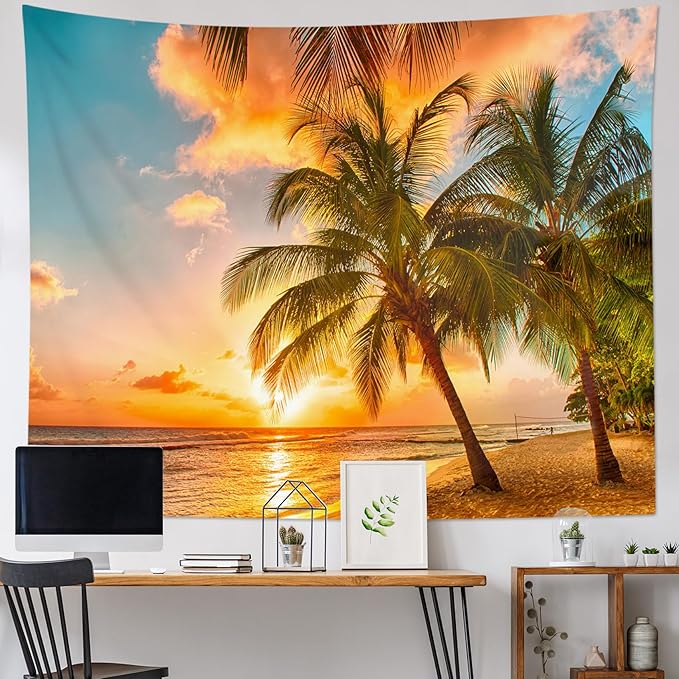 HVEST Beach Palm Tree Tapestry Wall Hanging, Nature Sunrise and Sunset Scence Tapestry, Ocean Coastal Landscape Tapestry for Living Room Bedroom Aesthetic Decor, 40L x 60W Inches