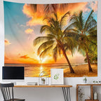 HVEST Beach Palm Tree Tapestry Wall Hanging, Nature Sunrise and Sunset Scence Tapestry, Ocean Coastal Landscape Tapestry for Living Room Bedroom Aesthetic Decor, 40L x 60W Inches