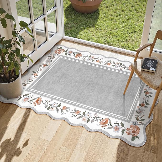Lahome Floral Entryway Rug, 2x3 Kitchen Rugs Non-Slip, Ulta-Thin Washable Door Mat Indoor Entrance Stain Resistant, Boho Scalloped Throw Rugs for Bathroom Bedroom Ariele Grey