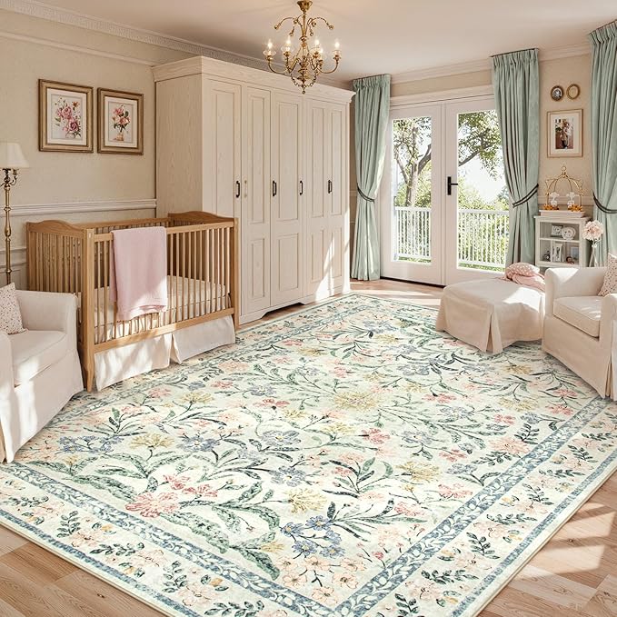 Lahome Sylvie Boho Washable Girls Bedroom 9x12 Rugs, Beige Cream Floral Large Area Rugs for Bedroom, Soft Non-Slip Thin Carpet for Nursery Kids Playroom Dining Room Home, Beige