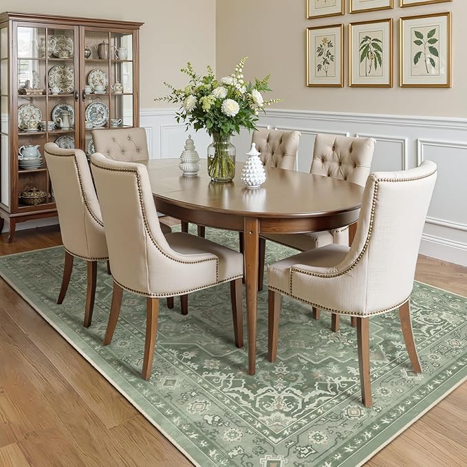 Sage Green 5x7 Area Rugs for Living Room, Cozy Cottagecore Rug for Bedroom Nursery Washable Non Slip, Soft Green Medallion Low Pile Thin Carpet Rugs for Dining Room/Kitchen/Foyer, Soft Green