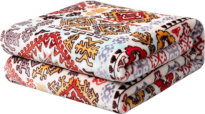 DaDa Bedding Bohemian Southwestern Mink Fleece Throw Blanket - Lightweight Cozy Farmhouse Aztec Havana Geometric Abstract Soft Warm Fall Decor - Yellow & Red - 50" x 60"
