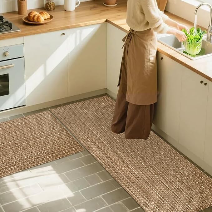 Kitchen Rugs,Kitchen Mats for Floor,Non Slip Washable 20"x 30"+20"x 48" Neutral Braided Rug,Faux Jute Rug with Non Slip Backing for Kitchen,Solid,Easy Clean,Area Rugs Sets of 2Pcs,Tan Brown