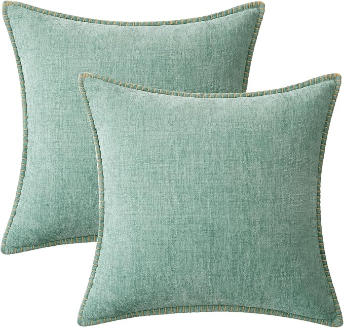 MIULEE Pack of 2 Couch Throw Pillow Covers 20x20 Inch Aqua Green Farmhouse Decorative Pillow Covers with Stitched Edge Soft Chenille Solid Dyed Spring Pillow Covers for Sofa Bed Living Room