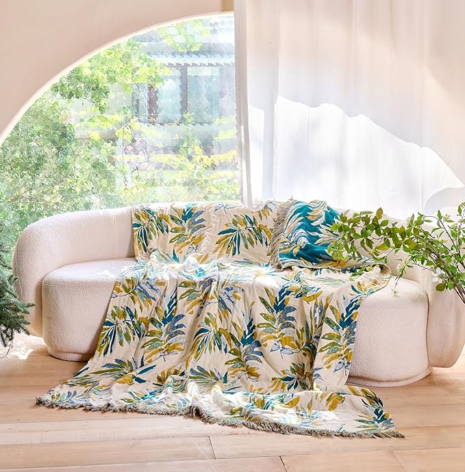 Boho Throw Blanket - 100% Cotton Throw Blankets for Bed Couch, 60"x80" Soft Muslin Lightweight Spring Throw Blanket, Cozy Plant Printed Bohemain Bedding Decor Green Throw Quilt