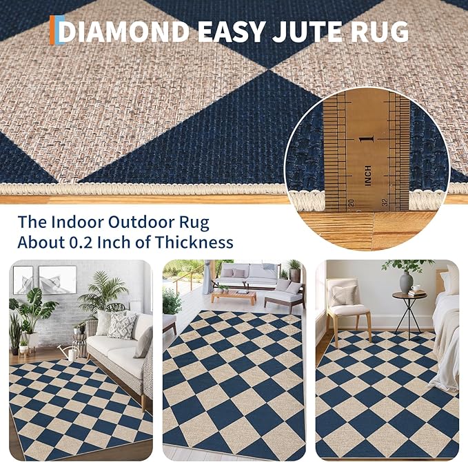 GarveeHome Checkered Easy Jute Area Rug 10x13 Machine Washable Non-Slip Stain Resistant Indoor Outdoor Rugs for Living Room, Bedroom, Kitchen, Dining, Patio Farmhouse Style Navy Blue